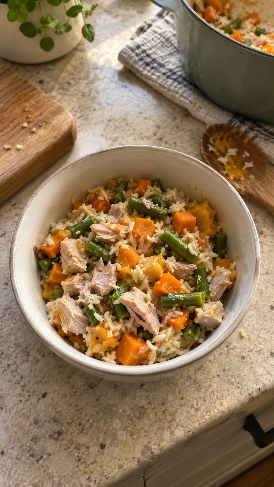A bowl of home-cooked turkey, rice, carrots, and green beans