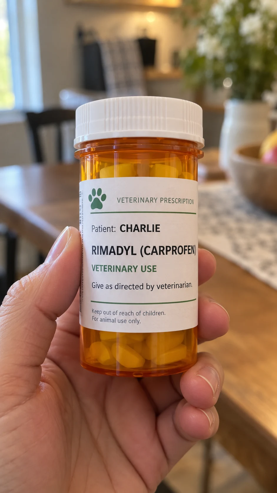 A Rimadyl prescription bottle labelled for Charlie