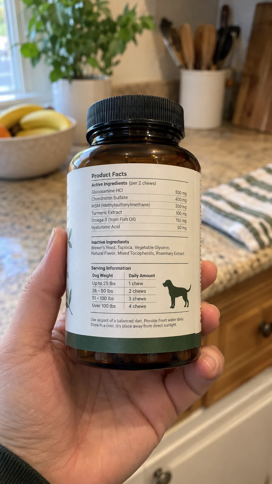 The product facts label on a joint supplement bottle